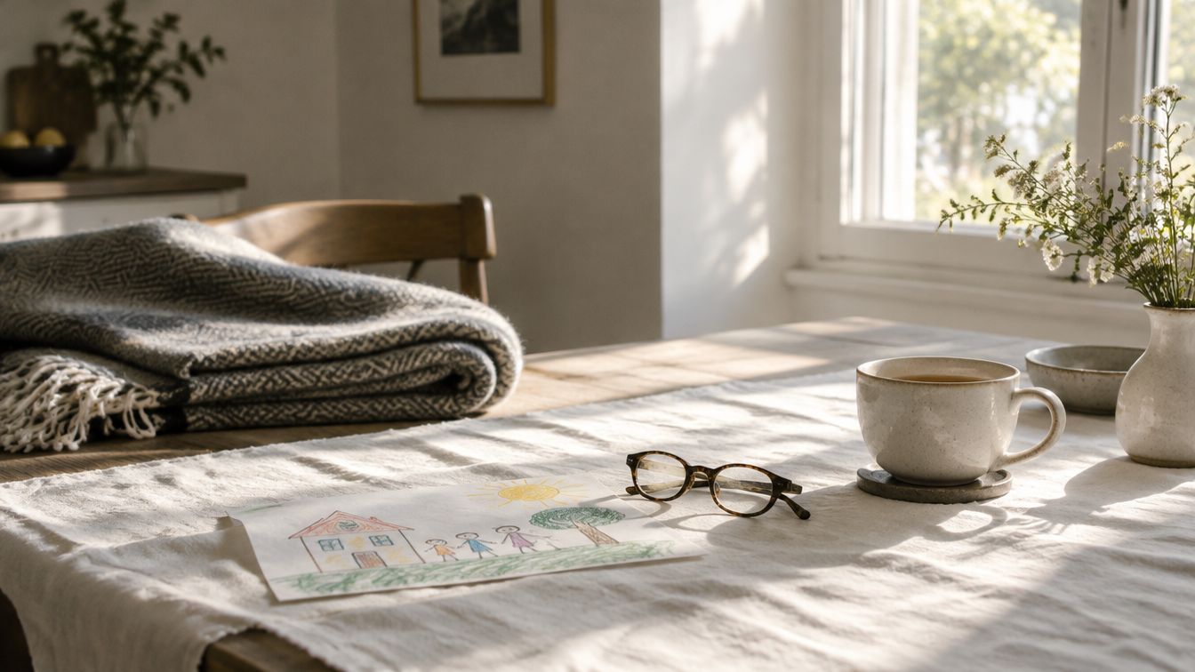 A sunlit kitchen table with a folded blanket, a child's drawing, reading glasses and a cup of tea