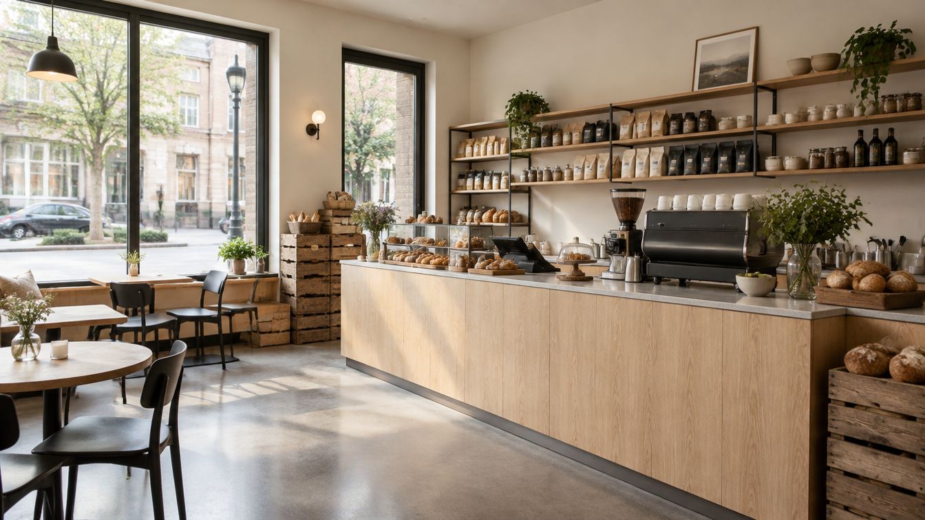 A bright corner cafe and bakery interior with a long oak counter and shelves of goods