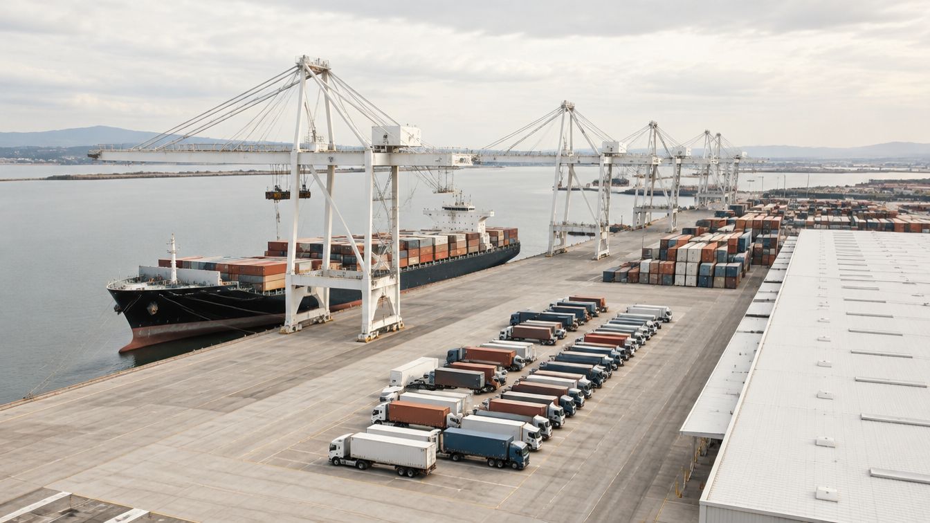 A container port seen from above with cranes, a cargo ship and rows of trucks