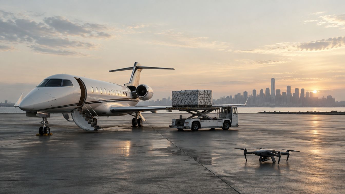 An airport apron at dawn with a business jet, a cargo loader and a drone, city skyline across the water
